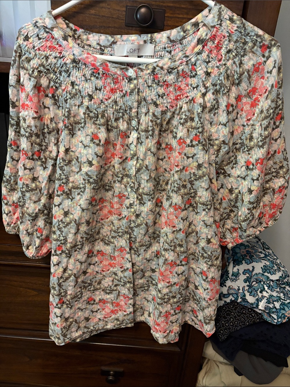 LOFT Coral and Cream Floral Smocked Peasant Blouse
